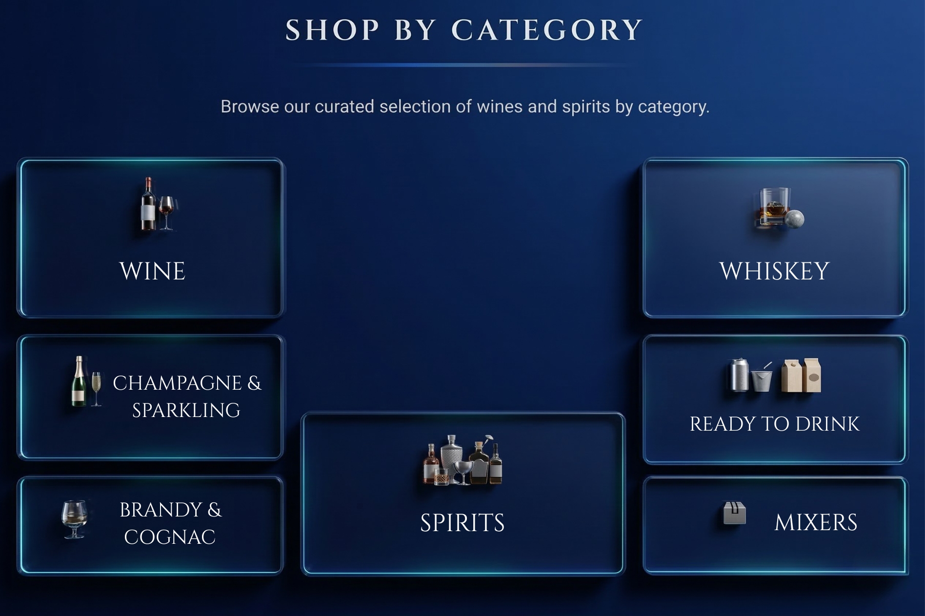 Shop by Category — Wine, Champagne & Sparkling, Brandy & Cognac, Whiskey, Ready to Drink, Mixers, Spirits